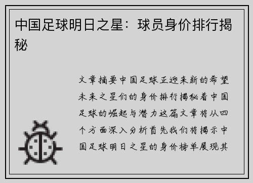 中国足球明日之星：球员身价排行揭秘