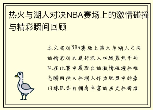 热火与湖人对决NBA赛场上的激情碰撞与精彩瞬间回顾